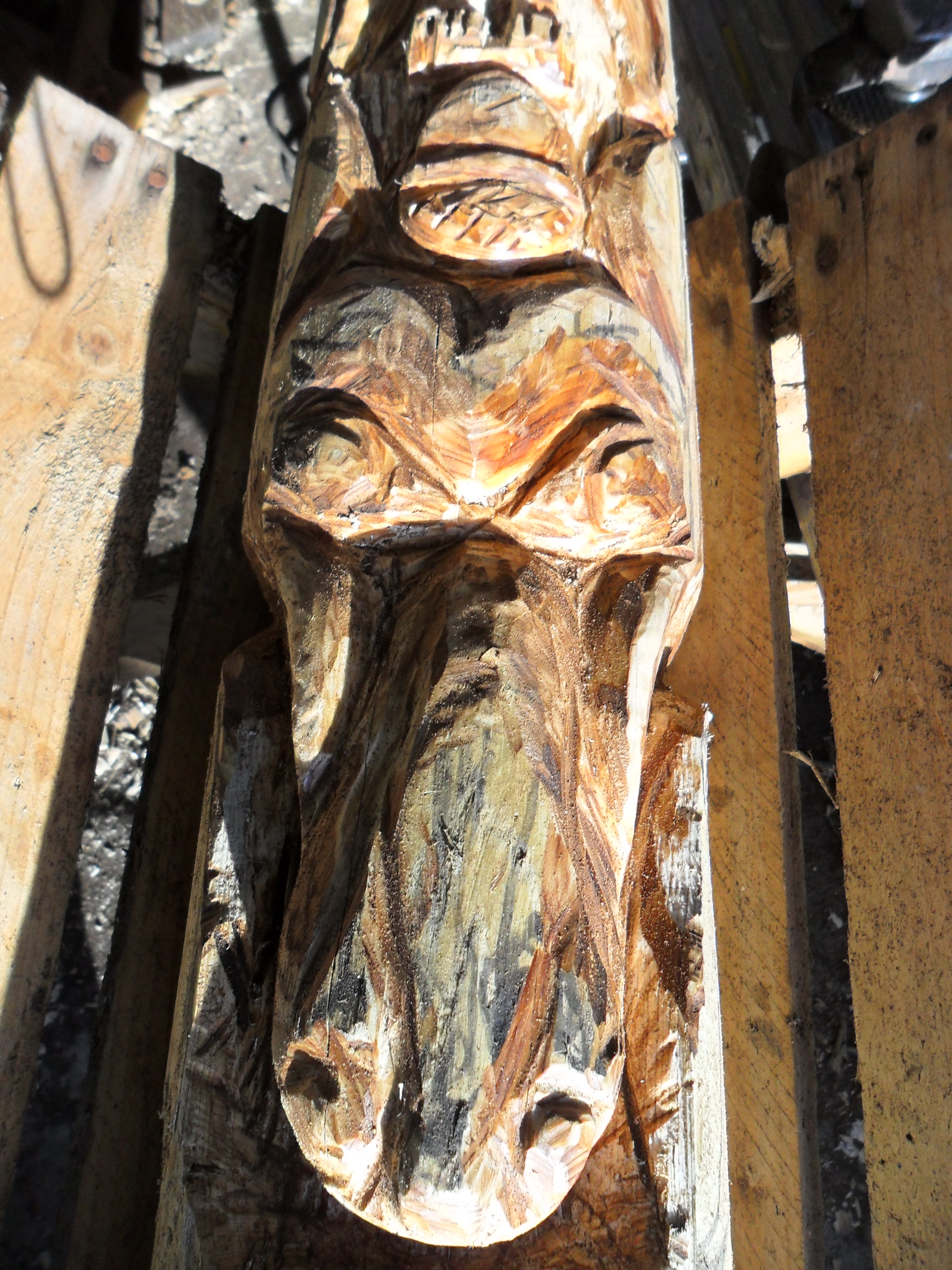 Wolf carving on totem pole
